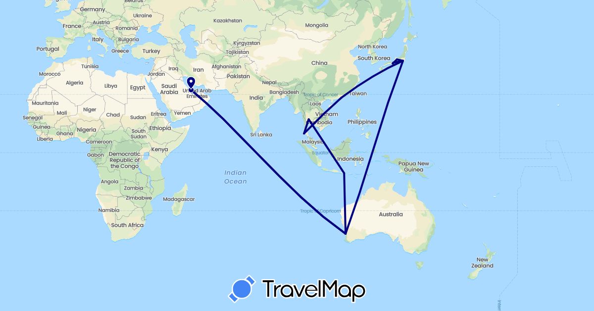 TravelMap itinerary: driving in Australia, China, Indonesia, Japan, Qatar, Thailand (Asia, Oceania)